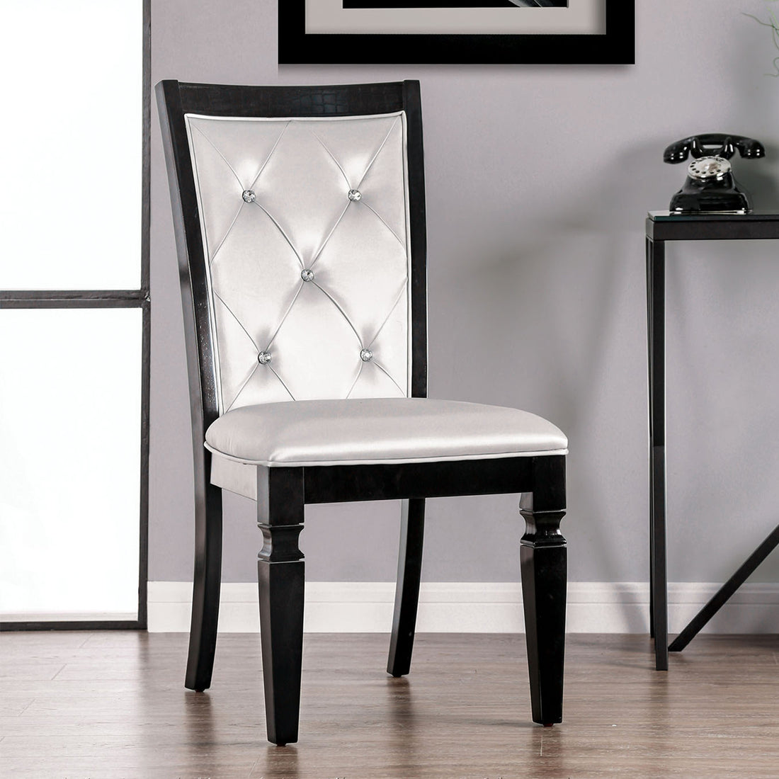 Set Of 2 Dining Side Chair In Black And Silver Finish Black Dining Room Dining Chairs Tufted Back Faux Leather