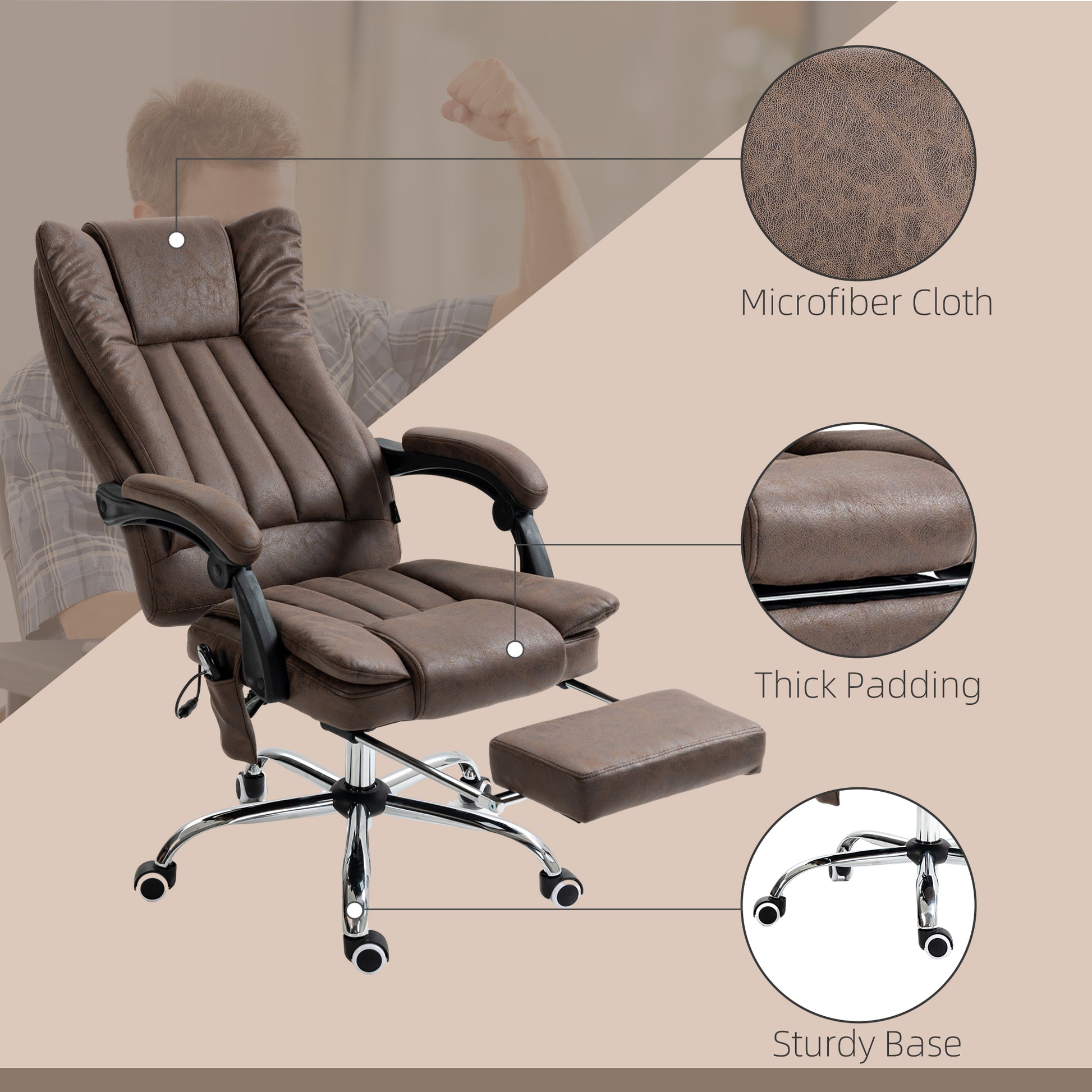 Vinsetto Microfiber Office Chair, High Back Computer Chair With 6 Point Massage, Heat, Adjustable Height And Retractable Footrest, Coffee Brown Polyester