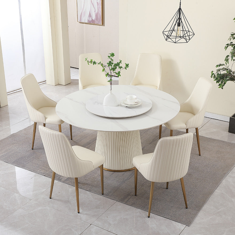 59"Modern Sintered Stone Dining Table With 31.5" Round Turntable With Wood And Metal Exquisite Pedestal With 6 Pcs Chairs . Metal White Seats 6 Dining Room American Design Round Dining Table With Chair Sintered Stone