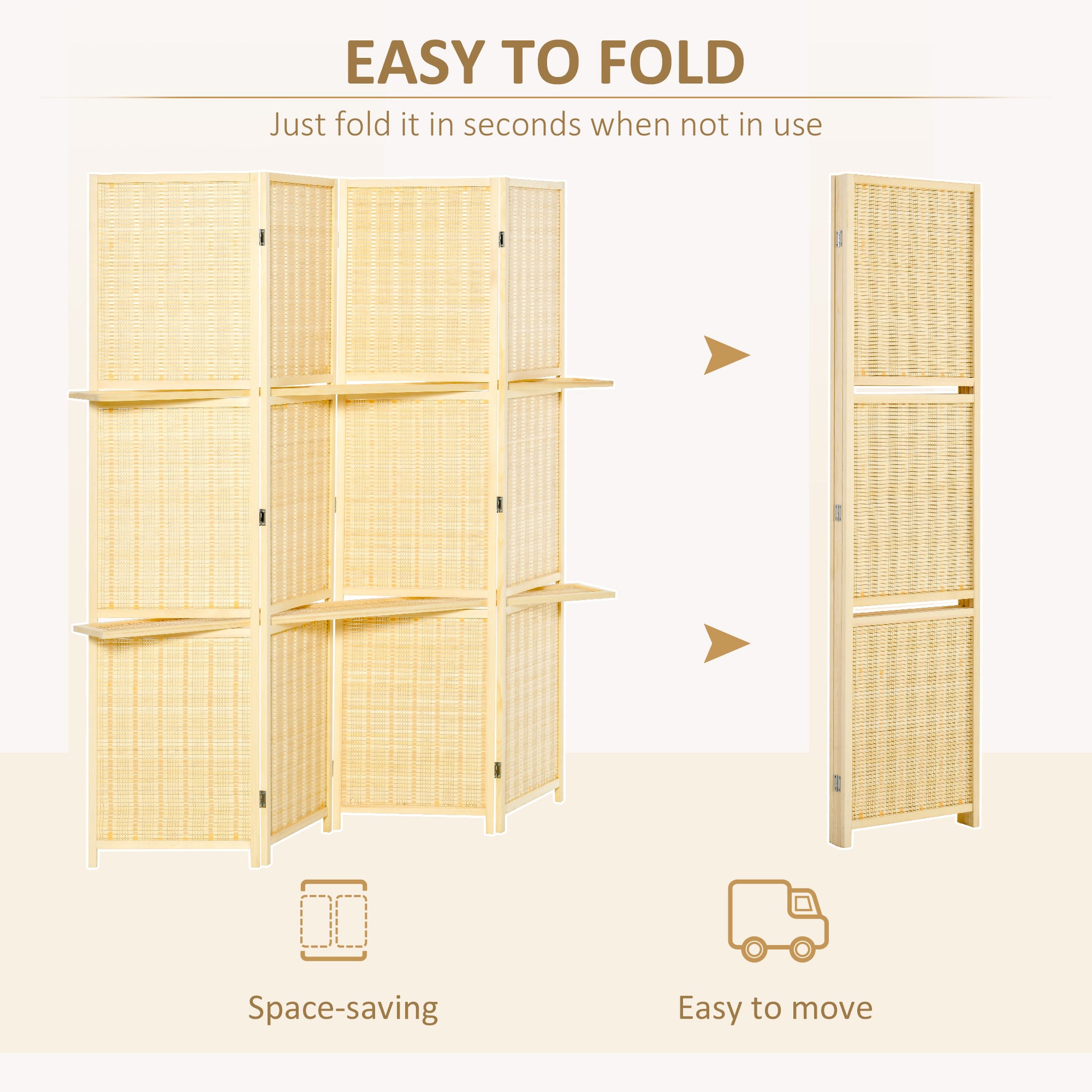 Homcom 4 Panel Folding Room Divider, 6 Ft Freestanding Bamboo Privacy Screen Panel With Storage Shelves For Bedroom Or Office, Natural Wood Color Natural Bamboo