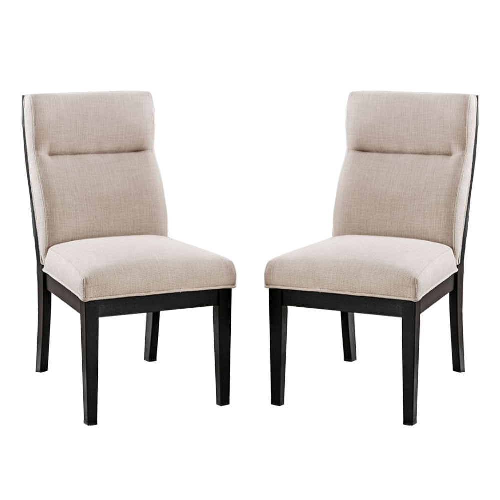 Set Of 2 Padded Fabric Dining Chairs In Black And Beige Solid Beige Dining Room Dining Chairs Wood Fabric