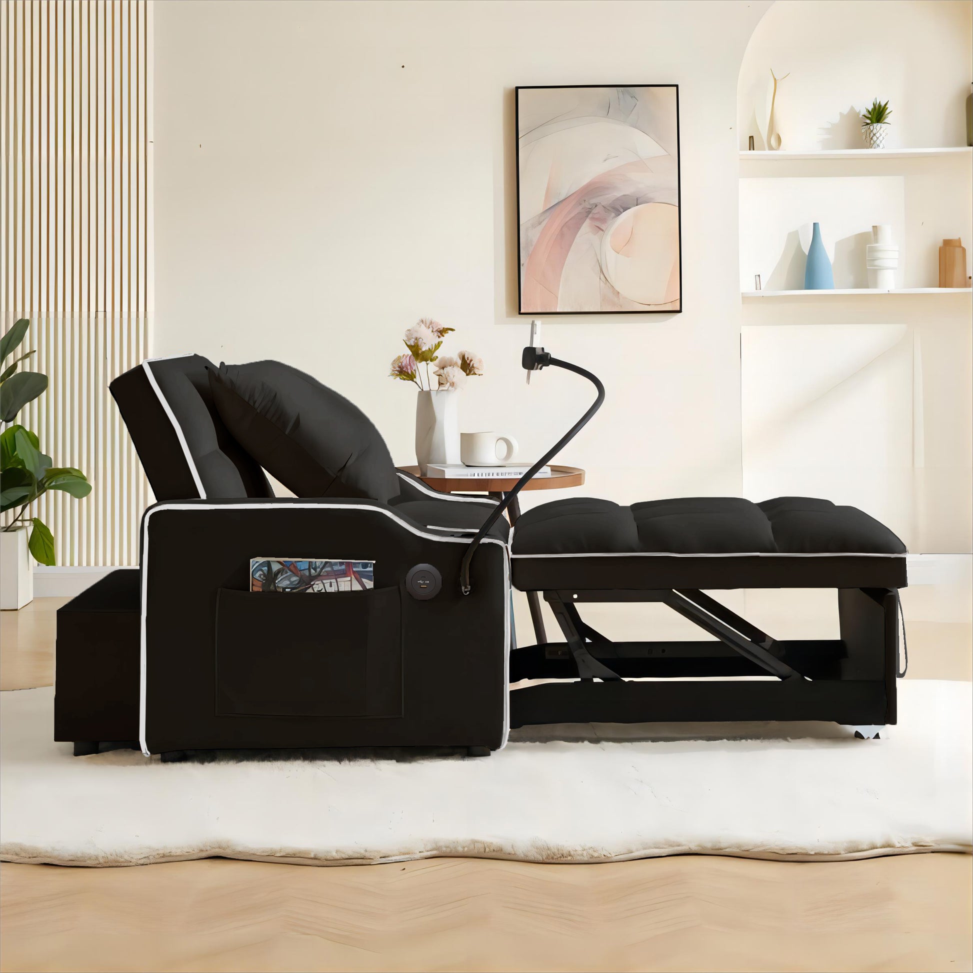 3 In 1 Sofa Bed, Convertible Sleeper Chair Sofa Bed Adjustable Pull Out Sleeper Chair Bed Multi Pockets Folding Sofa Bed For Living Room Bedroom Small Space Black Black Velvet 1 Seat