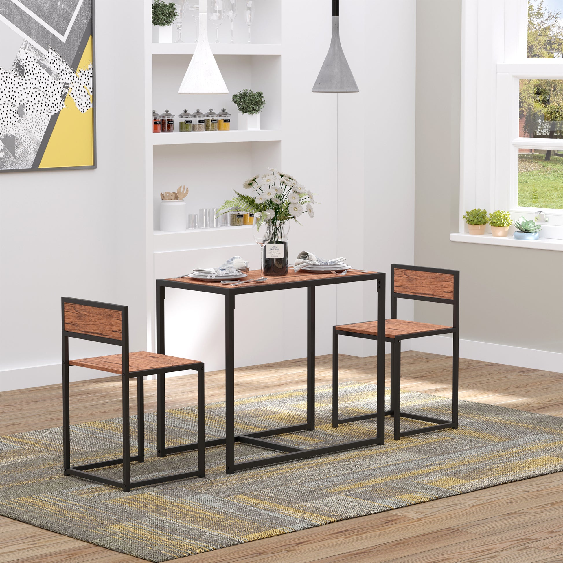 Homcom 3 Piece Industrial Dining Table Set For 2, Kitchen Table And Chairs, Dining Room Sets For Small Spaces Brown Mdf