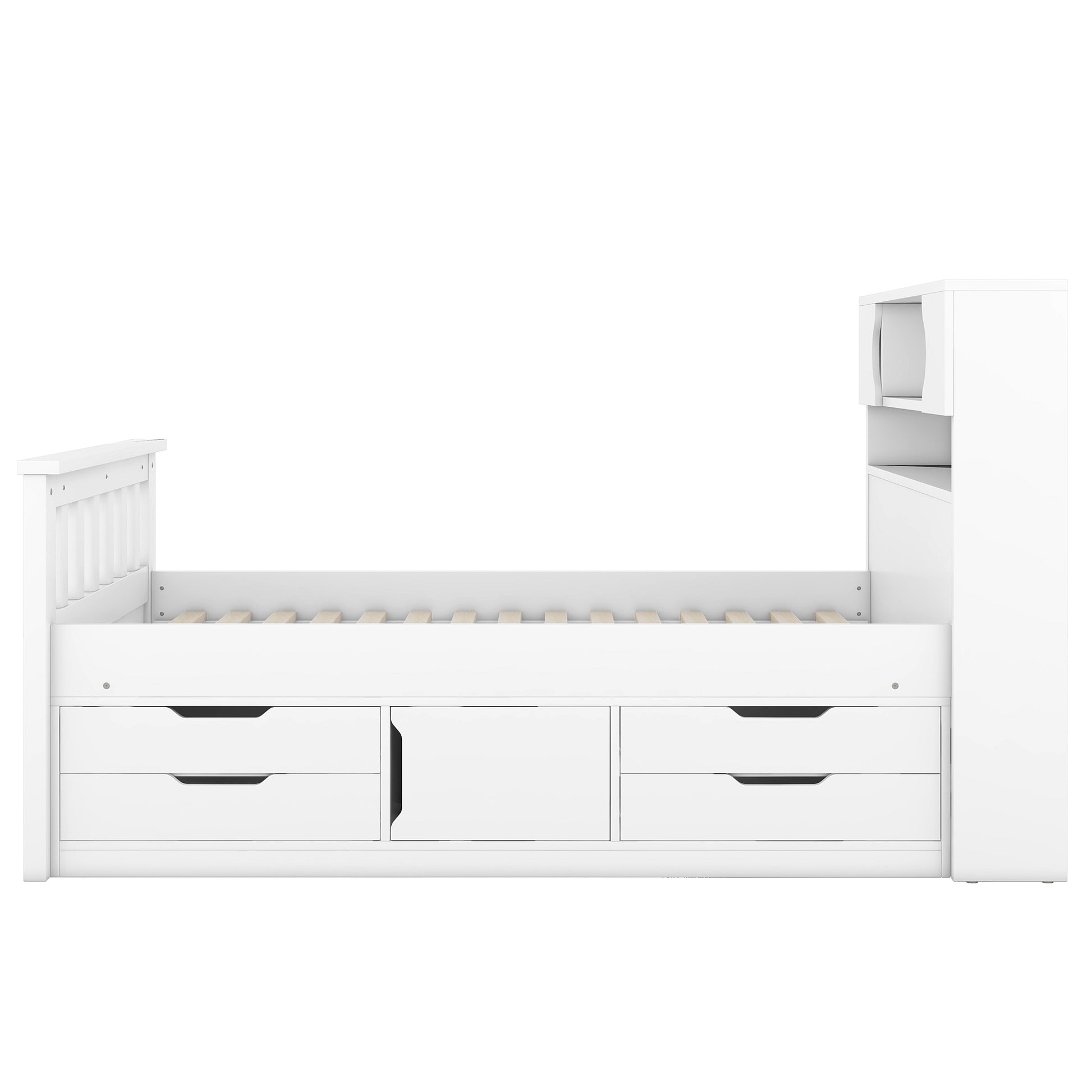 Twin Size Captain Platform Bed Frame With Storage Bookcases And Shelves,Four Drawers,White Twin White Solid Wood Mdf