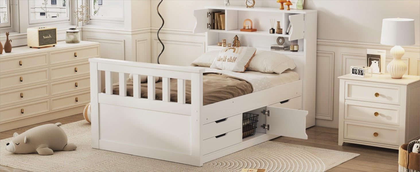 Twin Size Captain Platform Bed Frame With Storage Bookcases And Shelves,Four Drawers,White Twin White Solid Wood Mdf