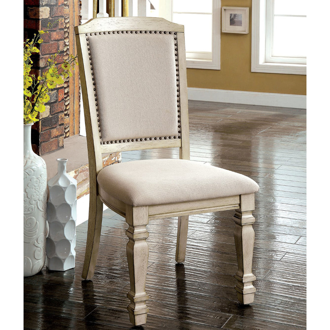 Set Of 2 Padded Fabric Dining Chairs In Antique White And Ivory Solid Antique White Dining Room Dining Chairs Wood Fabric