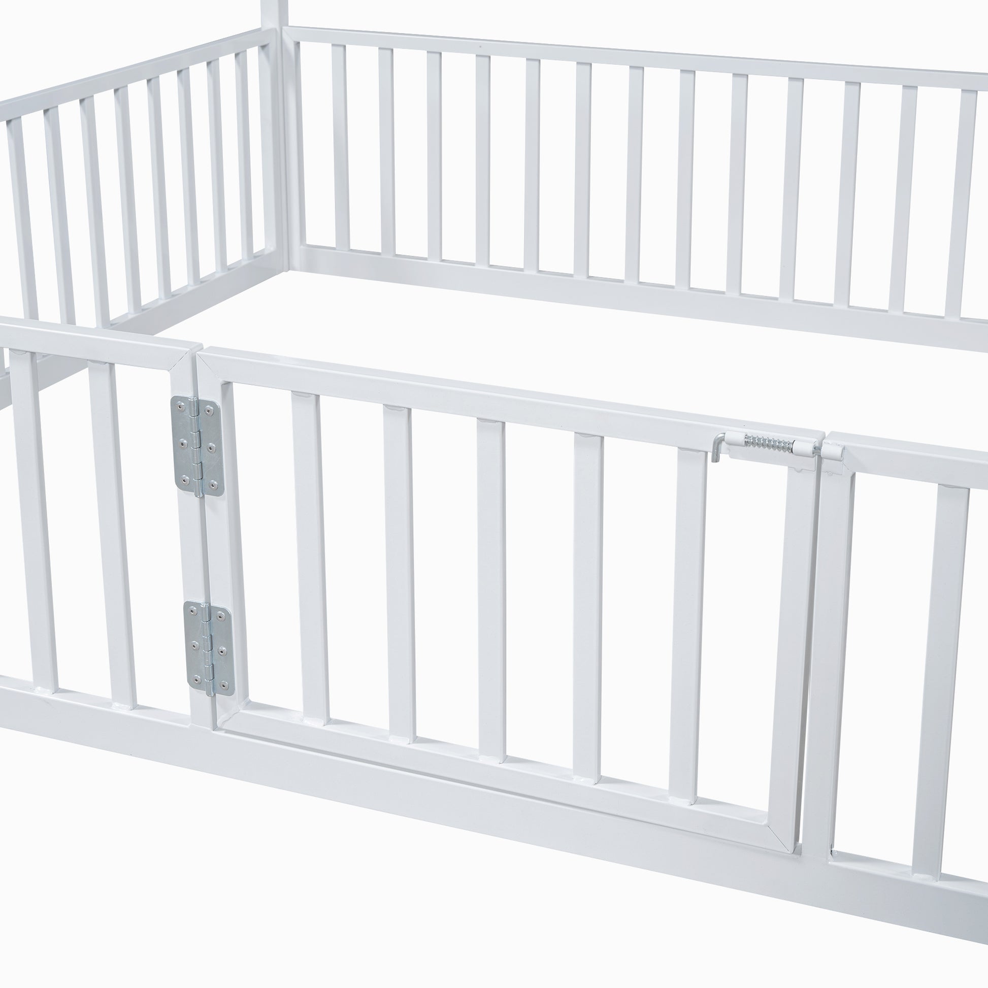 Full Size Metal House Bed With Fence And Door, White White Metal