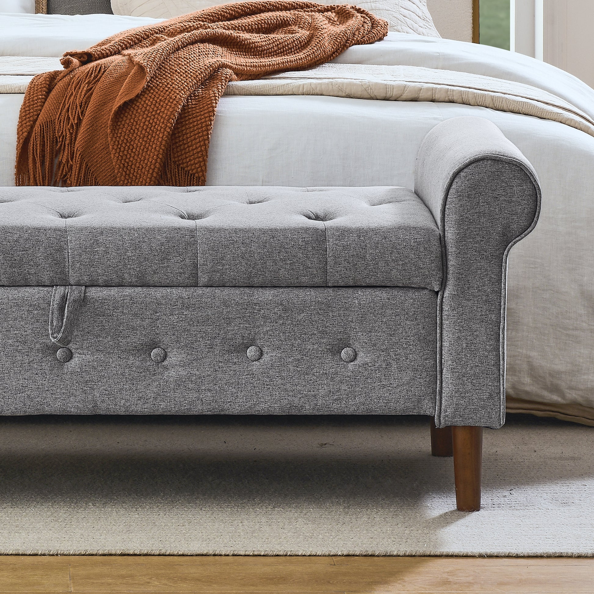 62" Bedroom Tufted Button Storage Bench, Modern Fabric Upholstered Ottoman, Window Bench, Rolled Arm Design For Bedroom, Living Room, Foyer Grey Grey Foam Fabric