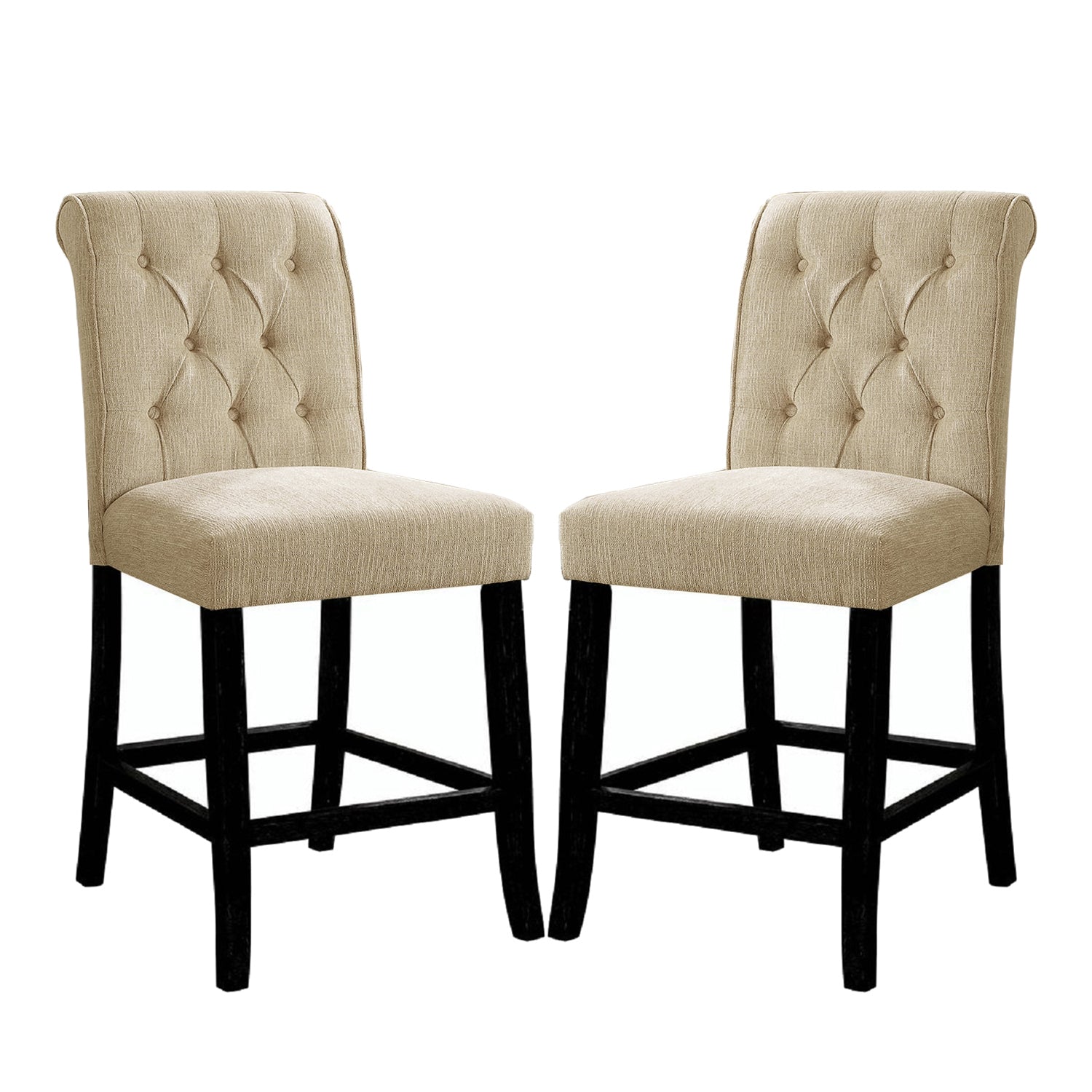 Set Of 2 Padded Chenille Dining Chairs In Beige And Antique Black Solid Antique Black Dining Room Dining Chairs Wood Fabric