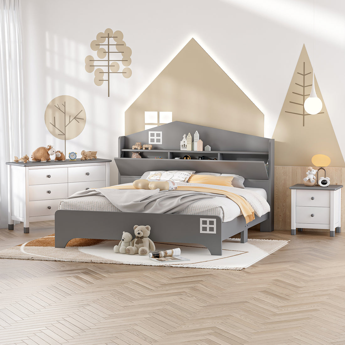 3 Pieces Bedroom Sets Full Size House Bed With Storage Headboard, Wooden Nightstand And Storage Dresser,Gray Gray Wood