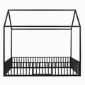 Full Size Metal House Bed With Fence And Door, Black Black Metal