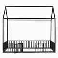 Twin Size Metal House Bed With Fence And Door, Black Black Metal