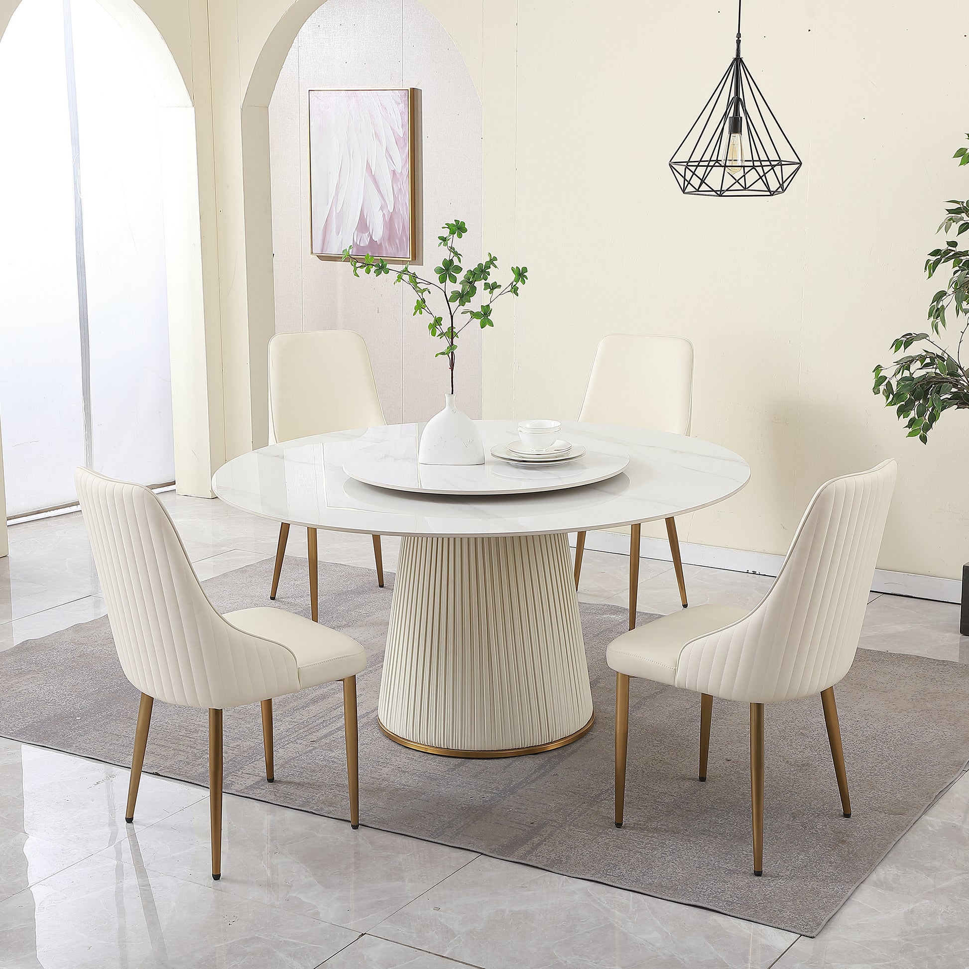 59"Modern Sintered Stone Dining Table With 31.5" Round Turntable For 8 Person With Wood And Metal Exquisite Pedestal White Sintered Stone