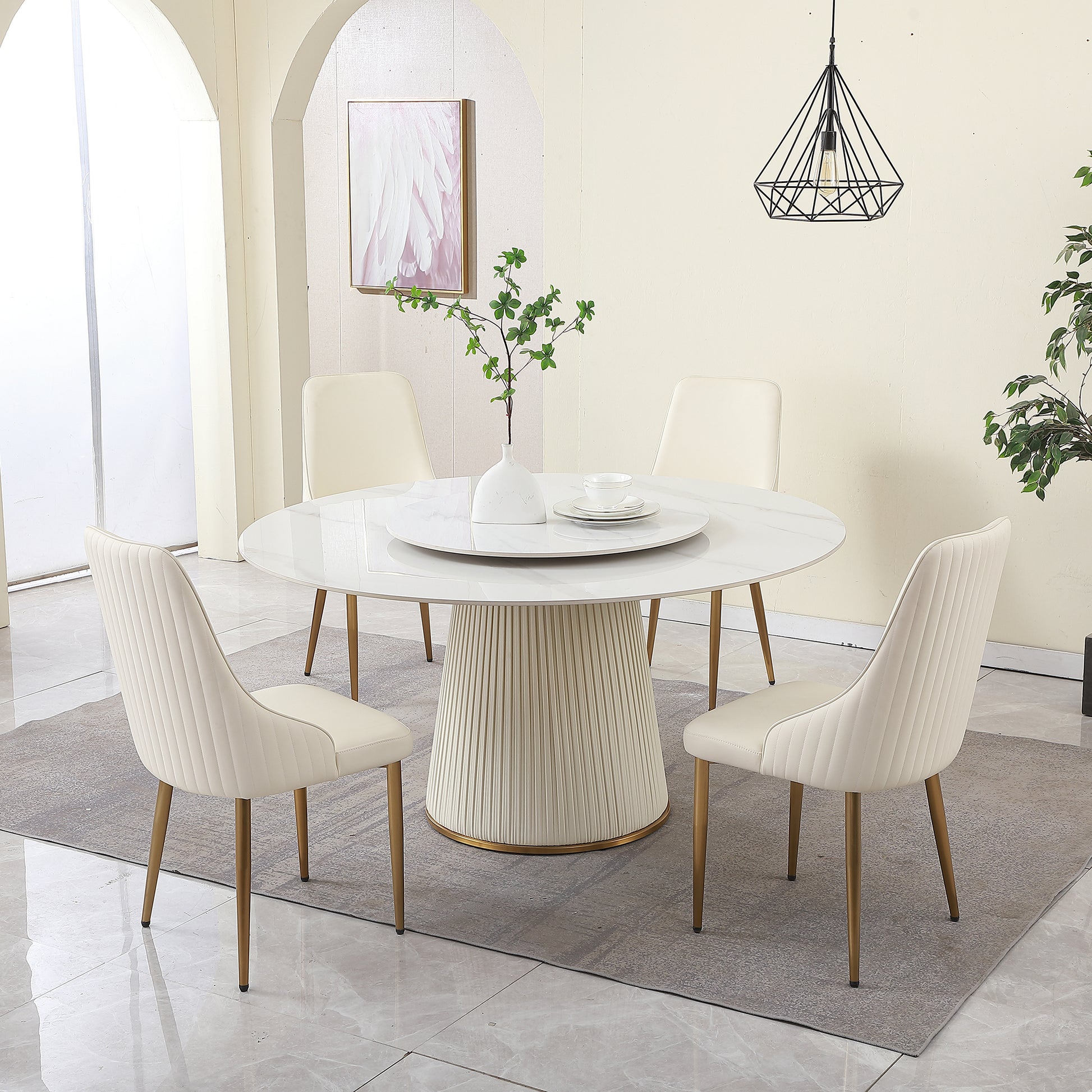 59"Modern Sintered Stone Dining Table With 31.5" Round Turntable With Wood And Metal Exquisite Pedestal With 6 Pcs Chairs . Metal White Seats 6 Dining Room American Design Round Dining Table With Chair Sintered Stone