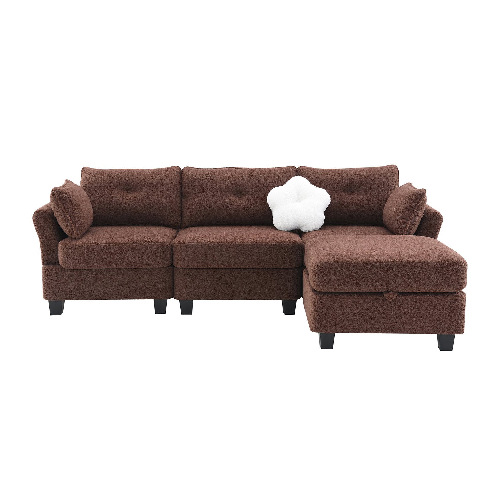 92*63"Modern Teddy Velvet Sectional Sofa,Charging Ports On Each Side,L Shaped Couch With Storage Ottoman,4 Seat Interior Furniture For Living Room, Apartment,3 Colors 3 Pillows Brown Teddy 4 Seat