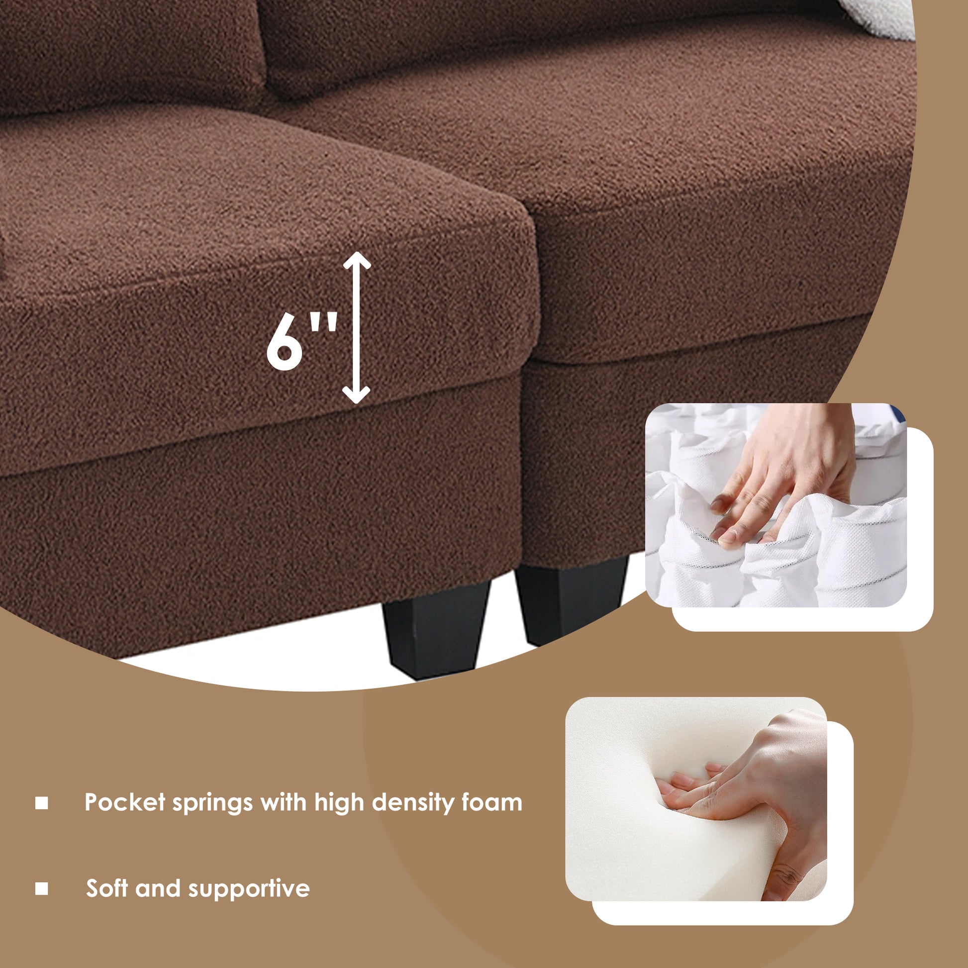 92*63"Modern Teddy Velvet Sectional Sofa,Charging Ports On Each Side,L Shaped Couch With Storage Ottoman,4 Seat Interior Furniture For Living Room, Apartment,3 Colors 3 Pillows Brown Teddy 4 Seat