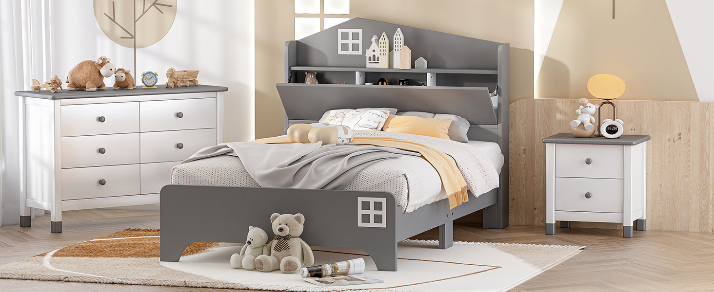 3 Pieces Bedroom Sets Twin Size House Bed With Storage Headboard, Wooden Nightstand And Storage Dresser,Gray Gray Wood