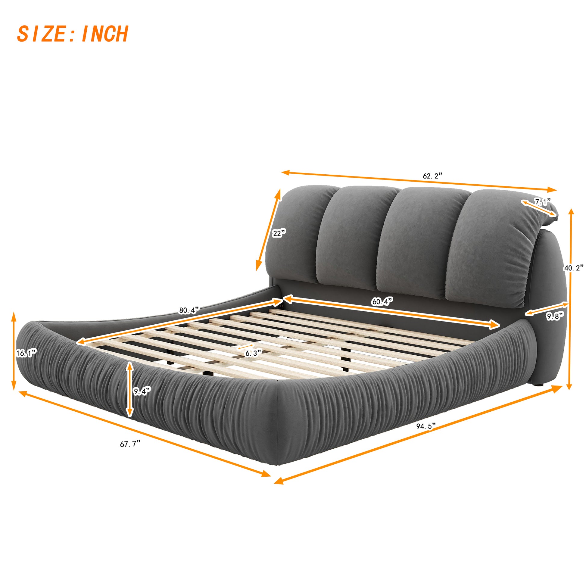 Queen Size Luxury Upholstered Bed With Thick Headboard, Velvet Queen Bed With Oversized Padded Backrest, Gray Expect Arrival Date 2024 4 2 Queen Gray Velvet