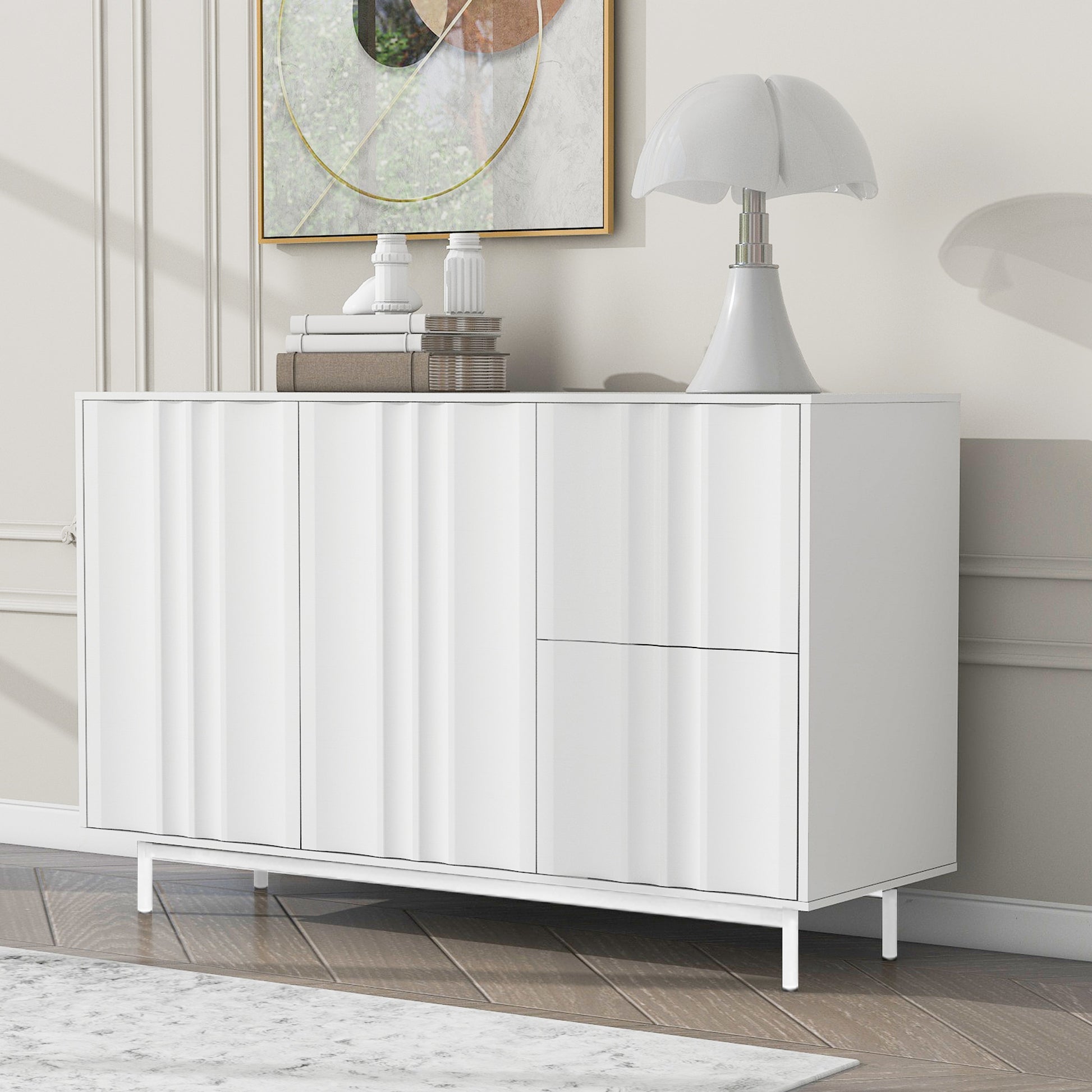 Wave Pattern Storage Cabinet With 2 Doors And 2 Drawers, Adjustable, Suitable For Study,Entrance And Living Room White Mdf