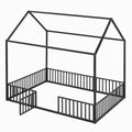 Full Size Metal House Bed With Fence And Door, Black Black Metal