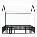 Full Size Metal House Bed With Fence And Door, Black Black Metal