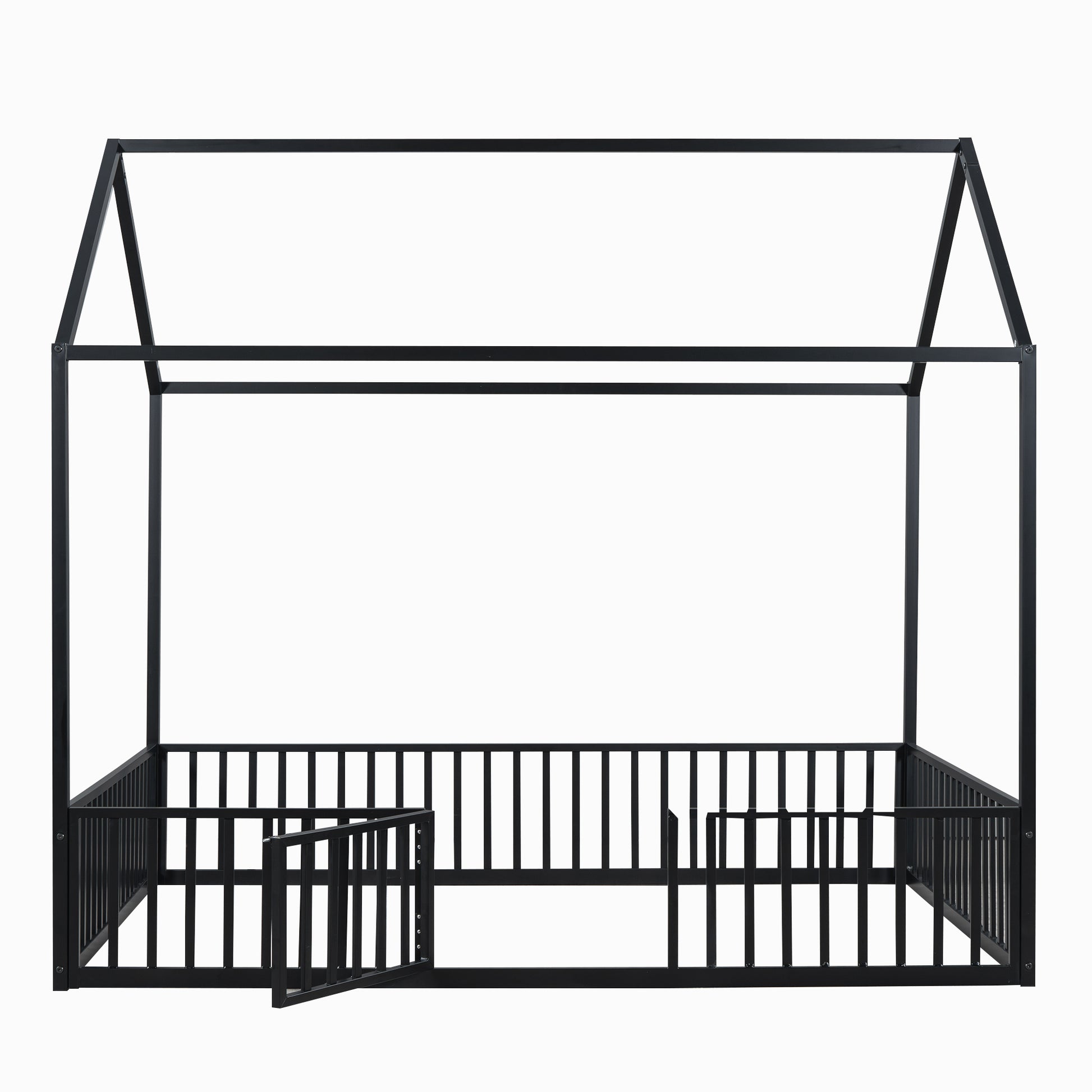 Full Size Metal House Bed With Fence And Door, Black Black Metal