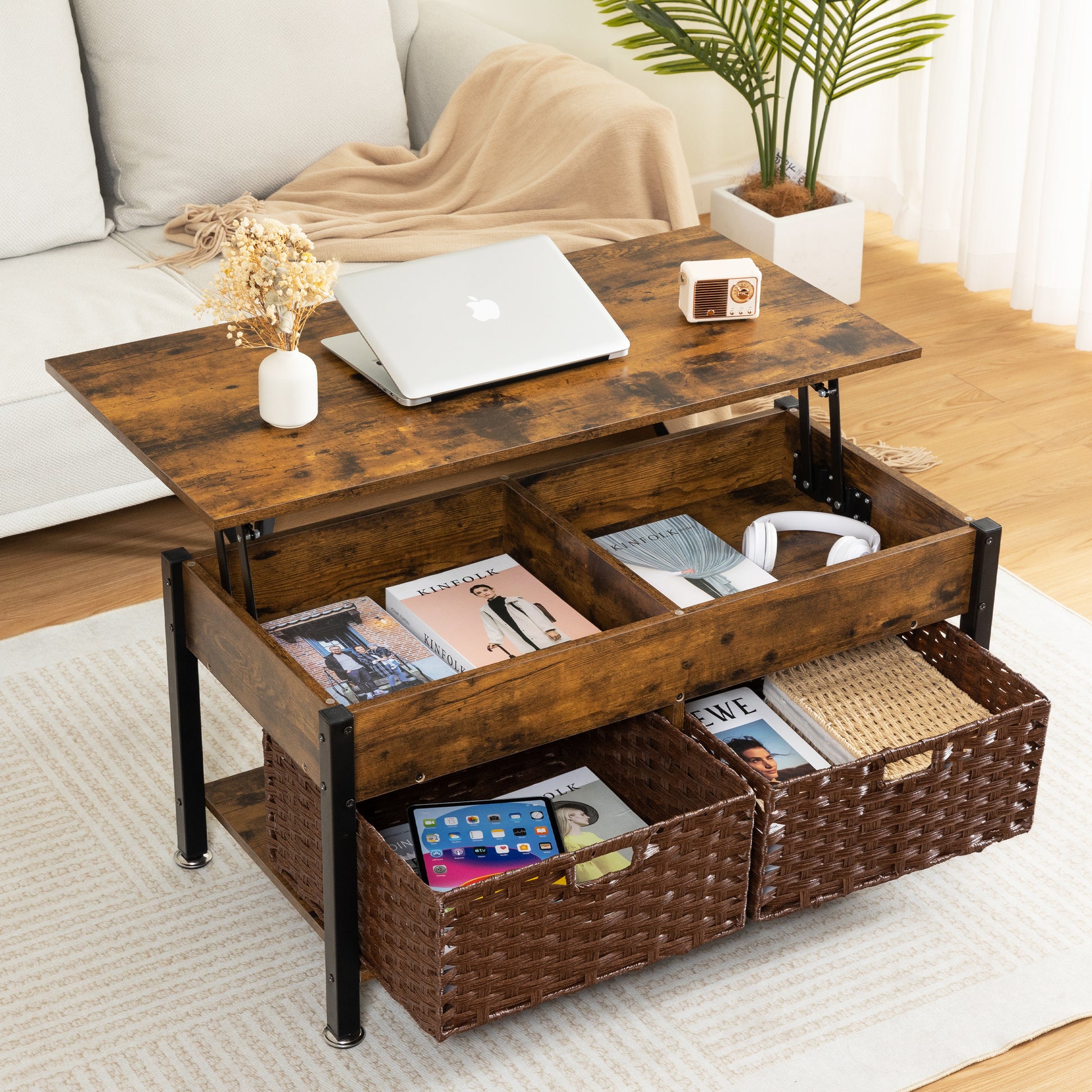 Metal Coffee Table,Desk,With A Lifting Table,And Hidden Storage Space.There Were Two Removable Wicker Baskets That Could Be Placed In Any Space Such As The Living Room,Color:Brown With Fire Wood Grain Light Brown Height Adjustable & Standing Desks