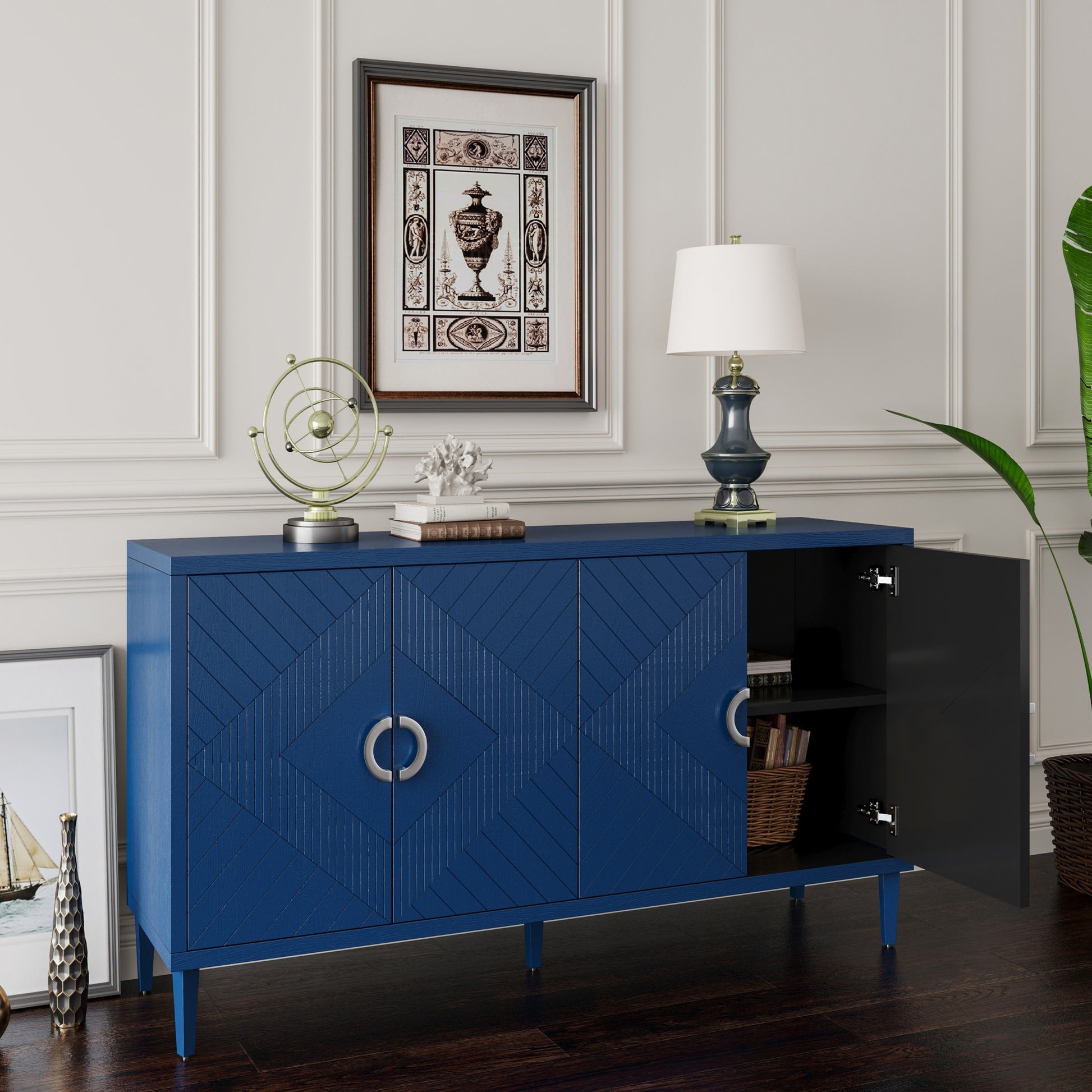 Stylish And Functional 4 Door Storage Cabinet With Pine Legs And Mdf, For Living Room Bedroom,And Kitchen,Navy Blue Navy Blue Mdf