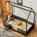 Twin Size Metal House Bed With Fence And Door, Black Black Metal