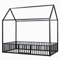 Twin Size Metal House Bed With Fence And Door, Black Black Metal