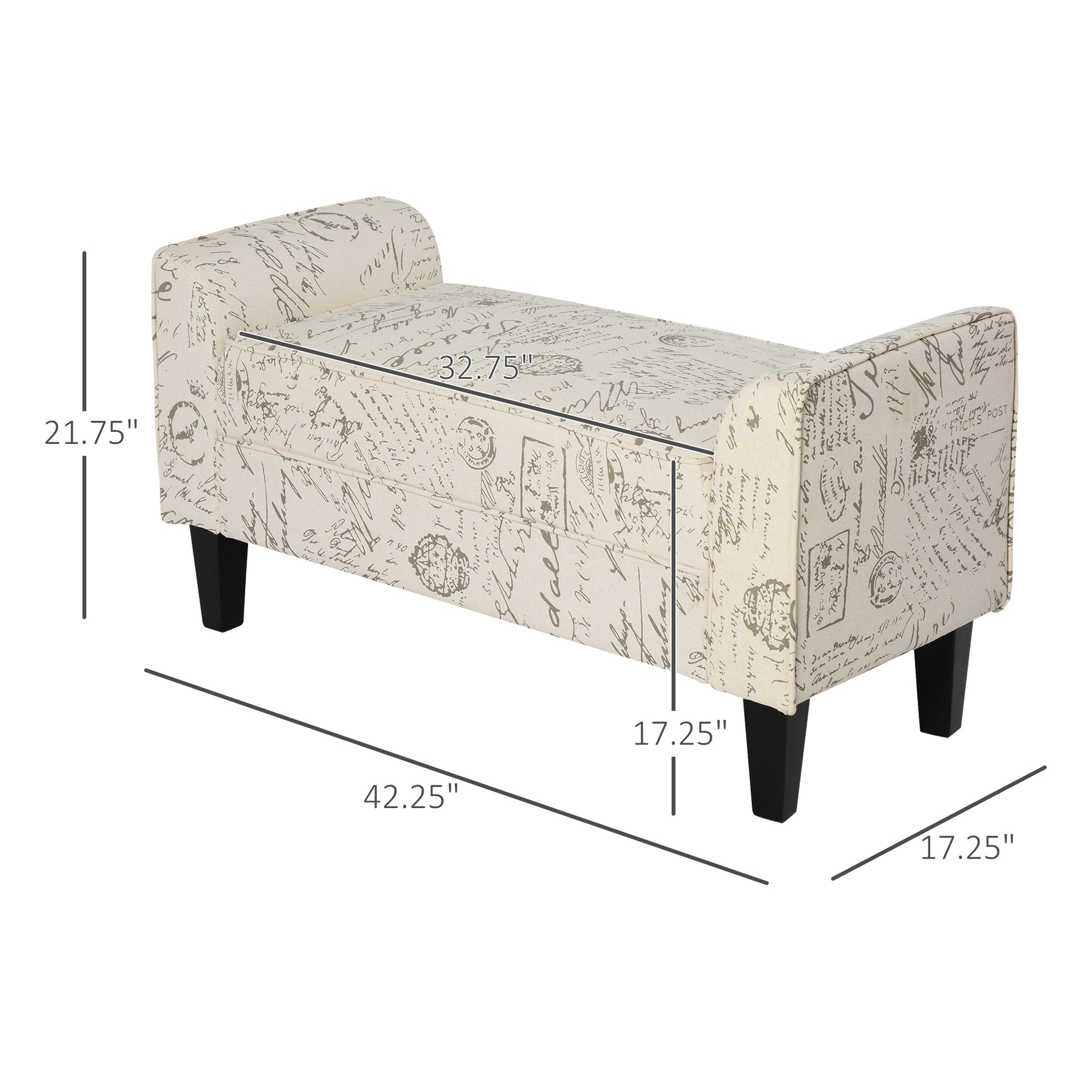 Homcom 41" Ottoman Bench, Modern Linen Armed Entryway Bench, Signature Print With Cream White Parchment Background Beige Engineered Wood