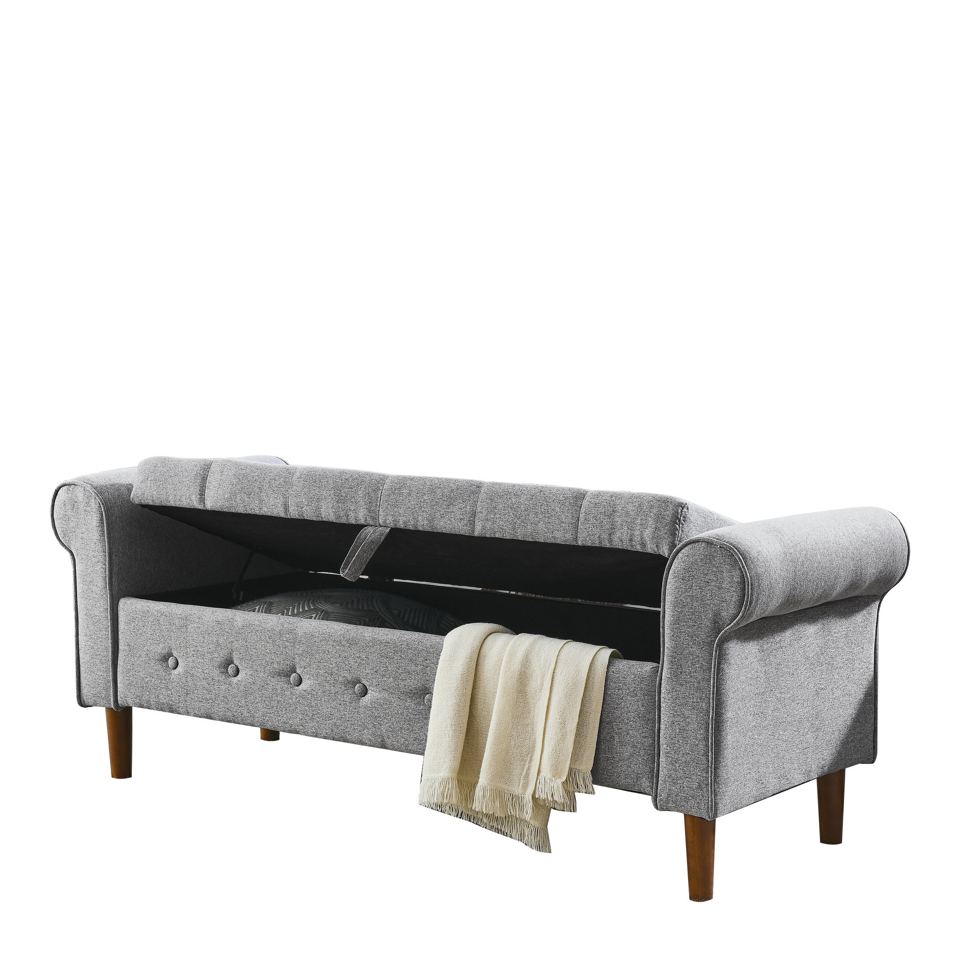 62" Bedroom Tufted Button Storage Bench, Modern Fabric Upholstered Ottoman, Window Bench, Rolled Arm Design For Bedroom, Living Room, Foyer Grey Grey Foam Fabric