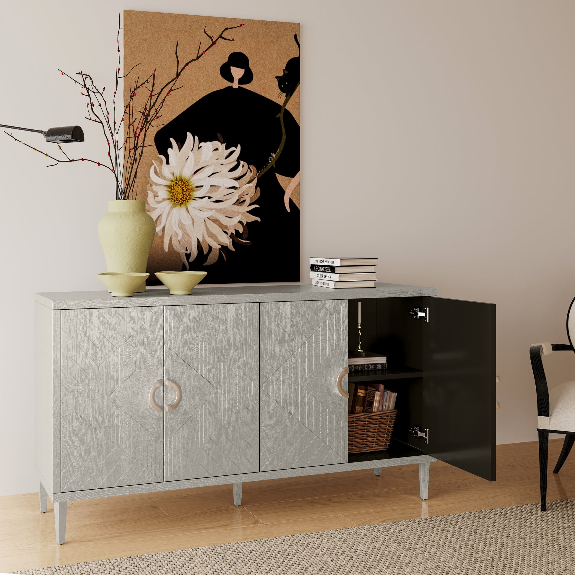 Stylish And Functional 4 Door Storage Cabinet With Pine Legs And Mdf, For Living Room Bedroom,And Kitchen,Champagne Champagne Mdf