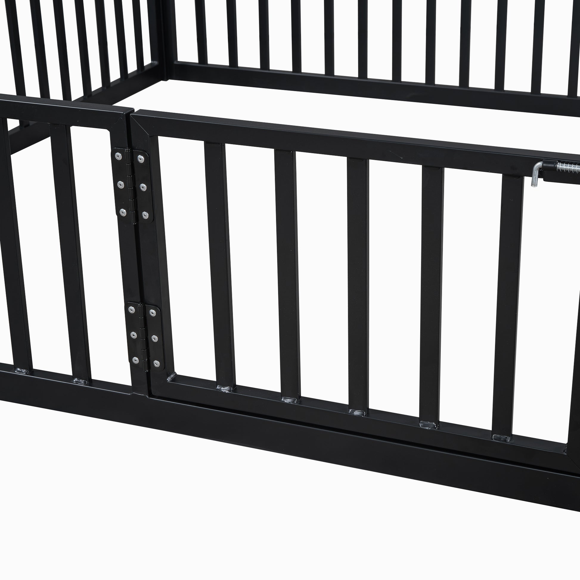 Full Size Metal House Bed With Fence And Door, Black Black Metal