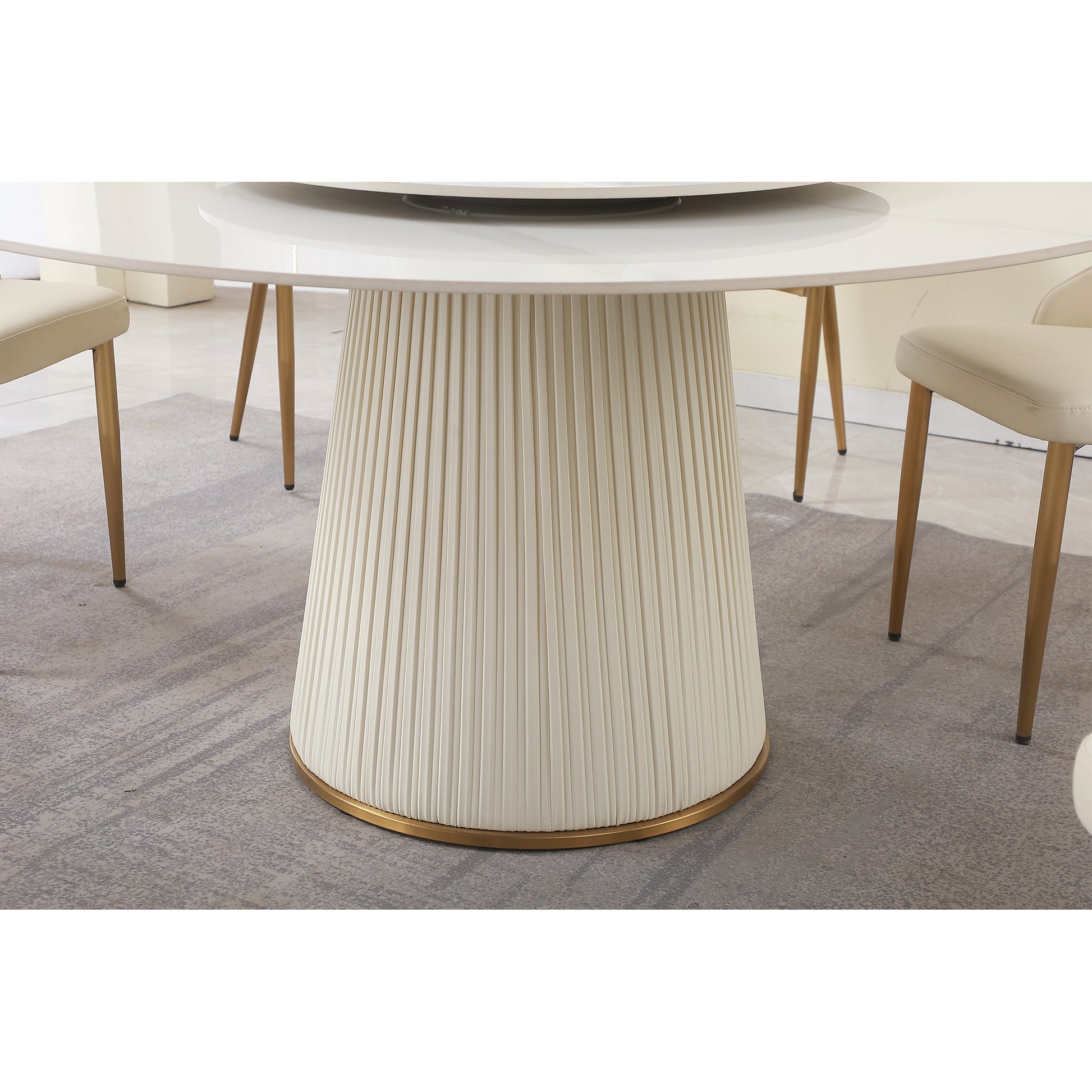 59"Modern Sintered Stone Dining Table With 31.5" Round Turntable For 8 Person With Wood And Metal Exquisite Pedestal White Sintered Stone