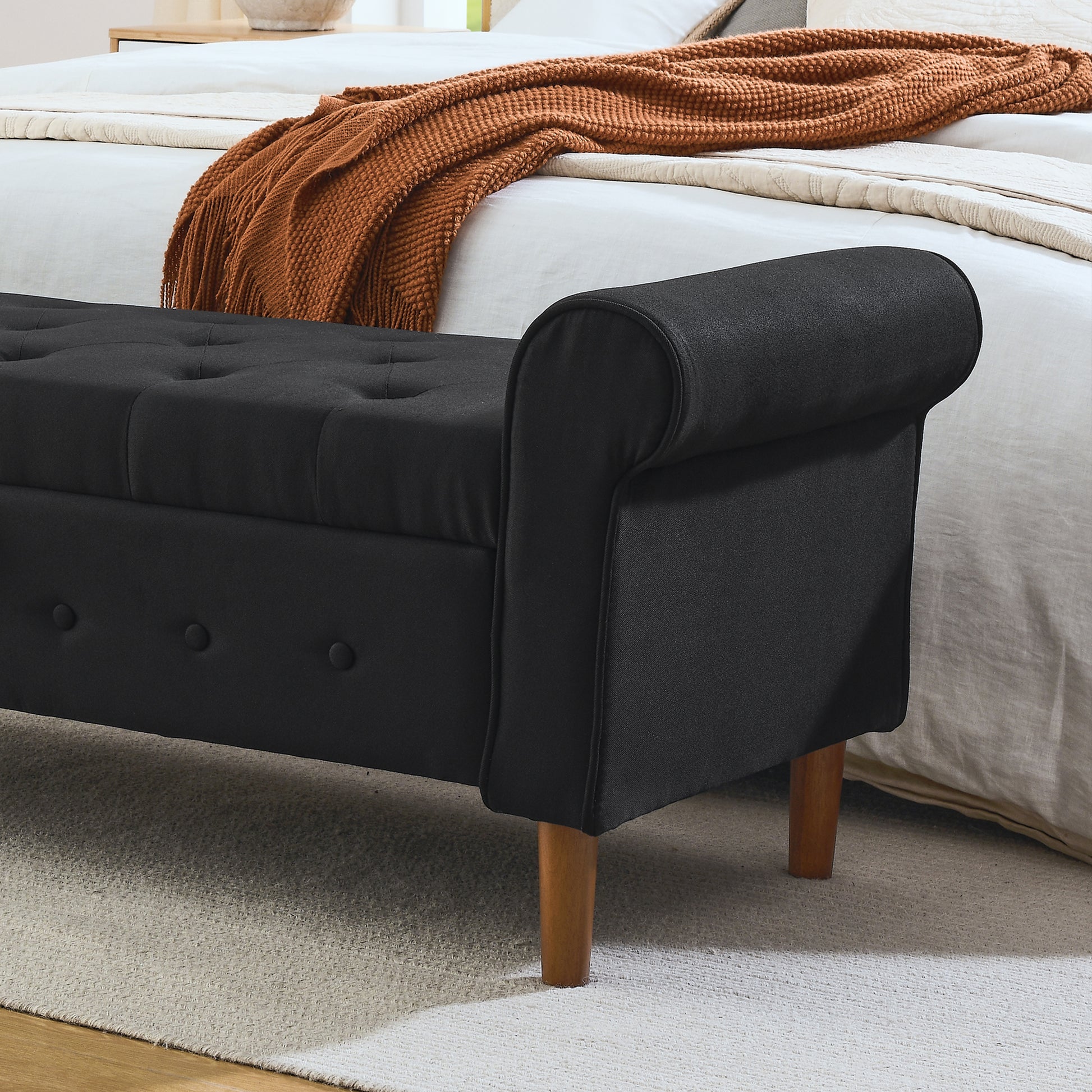 62" Bedroom Tufted Button Storage Bench, Modern Fabric Upholstered Ottoman, Window Bench, Rolled Arm Design For Bedroom, Living Room, Foyer Black Black Foam Fabric