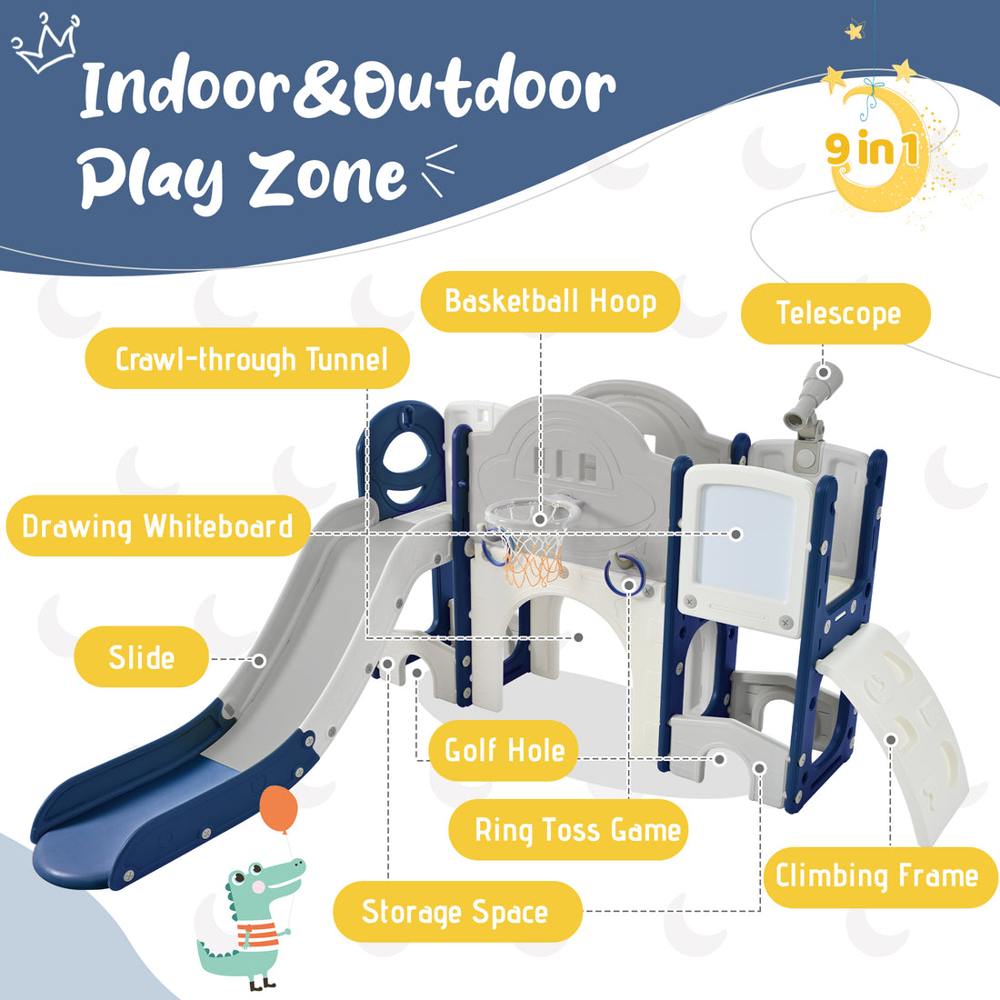 Kids Slide Playset Structure 9 In 1, Freestanding Space Set With Slide, Arch Tunnel, Ring Toss, Drawing Whiteboardl And Basketball Hoop For Toddlers, Kids Climbers Playground Blue Grey Hdpe Indoor & Outdoor Use