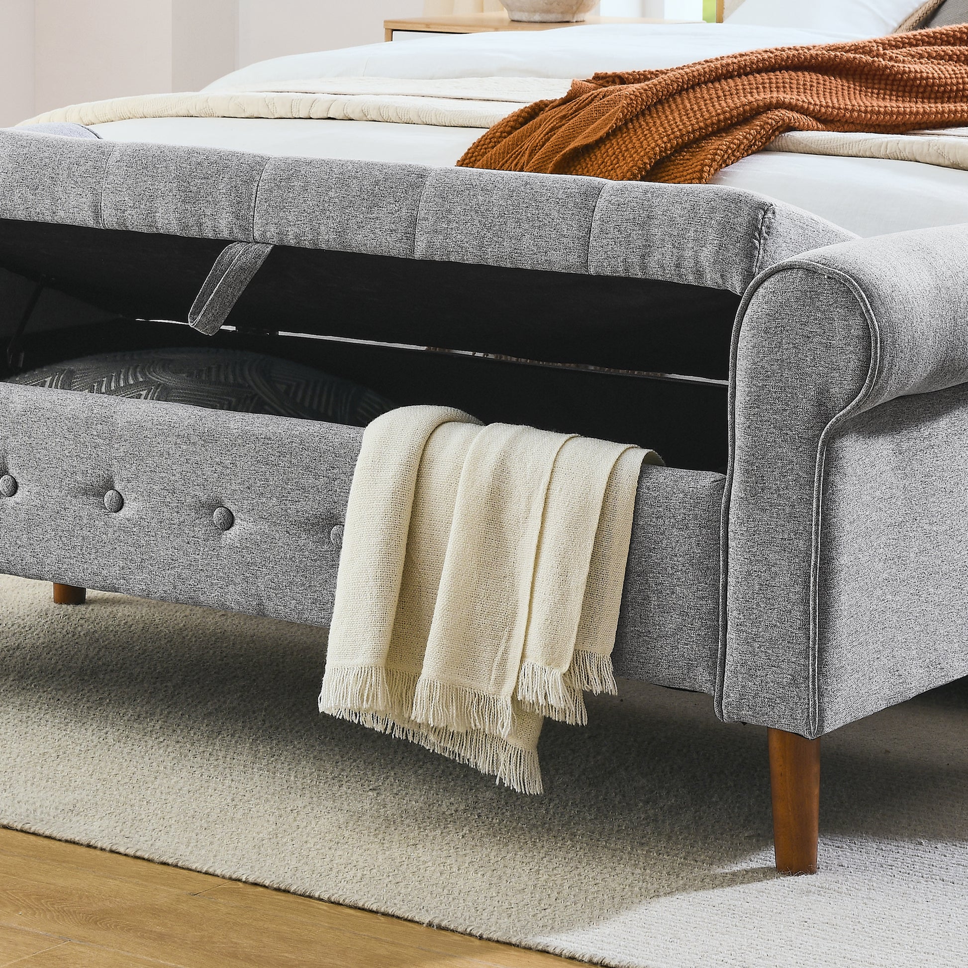 62" Bedroom Tufted Button Storage Bench, Modern Fabric Upholstered Ottoman, Window Bench, Rolled Arm Design For Bedroom, Living Room, Foyer Grey Grey Foam Fabric