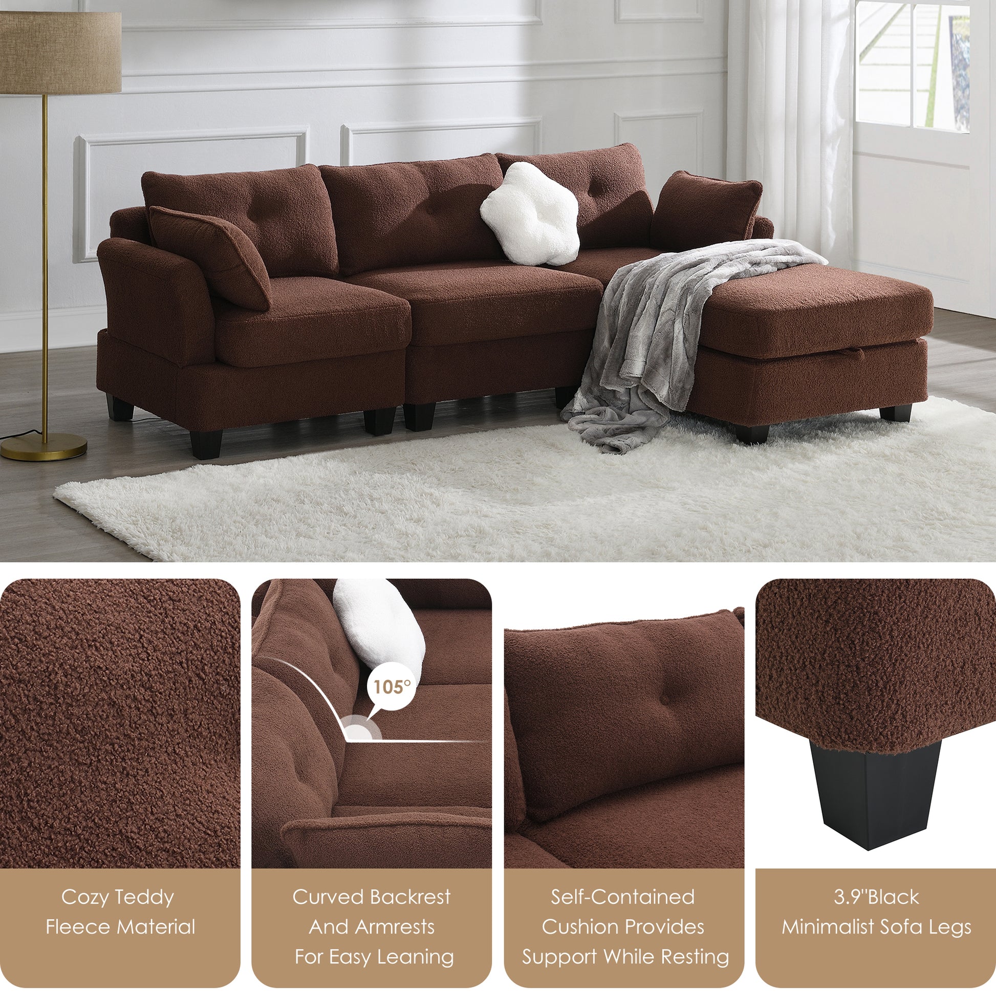 92*63"Modern Teddy Velvet Sectional Sofa,Charging Ports On Each Side,L Shaped Couch With Storage Ottoman,4 Seat Interior Furniture For Living Room, Apartment,3 Colors 3 Pillows Brown Teddy 4 Seat