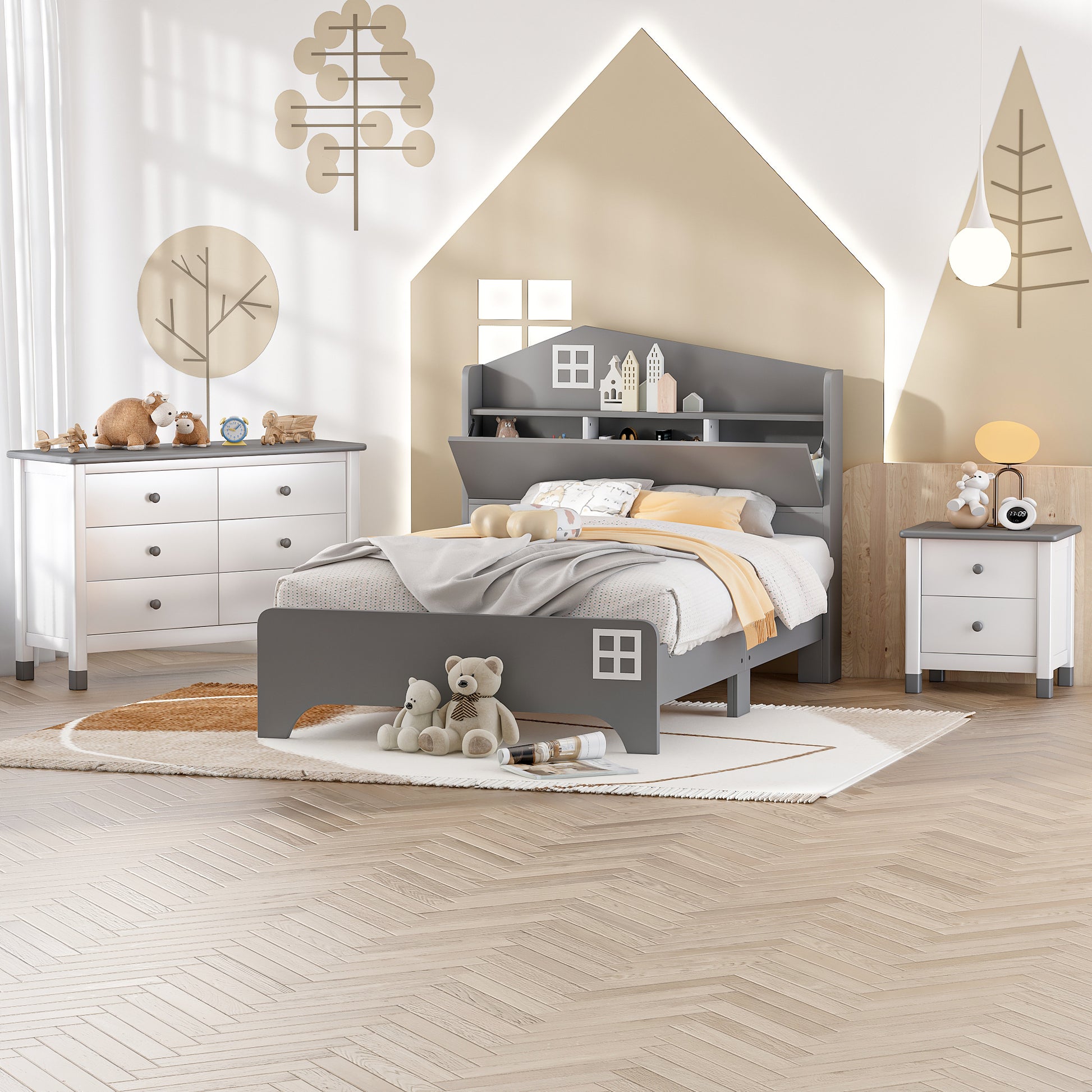 3 Pieces Bedroom Sets Twin Size House Bed With Storage Headboard, Wooden Nightstand And Storage Dresser,Gray Gray Wood