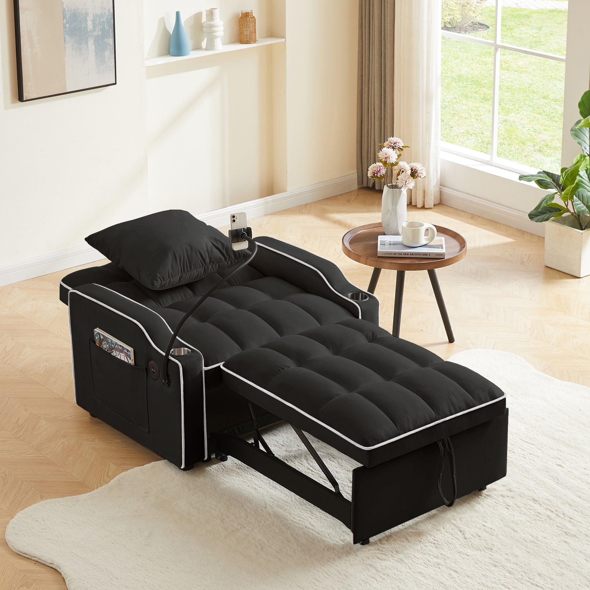 3 In 1 Sofa Bed, Convertible Sleeper Chair Sofa Bed Adjustable Pull Out Sleeper Chair Bed Multi Pockets Folding Sofa Bed For Living Room Bedroom Small Space Black Black Velvet 1 Seat