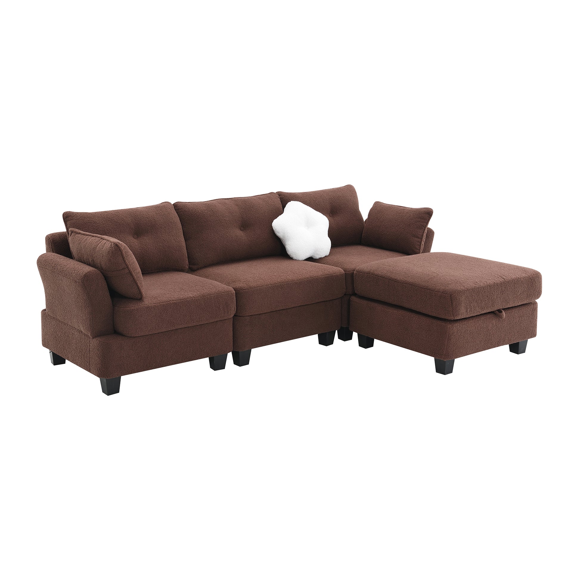 92*63"Modern Teddy Velvet Sectional Sofa,Charging Ports On Each Side,L Shaped Couch With Storage Ottoman,4 Seat Interior Furniture For Living Room, Apartment,3 Colors 3 Pillows Brown Teddy 4 Seat