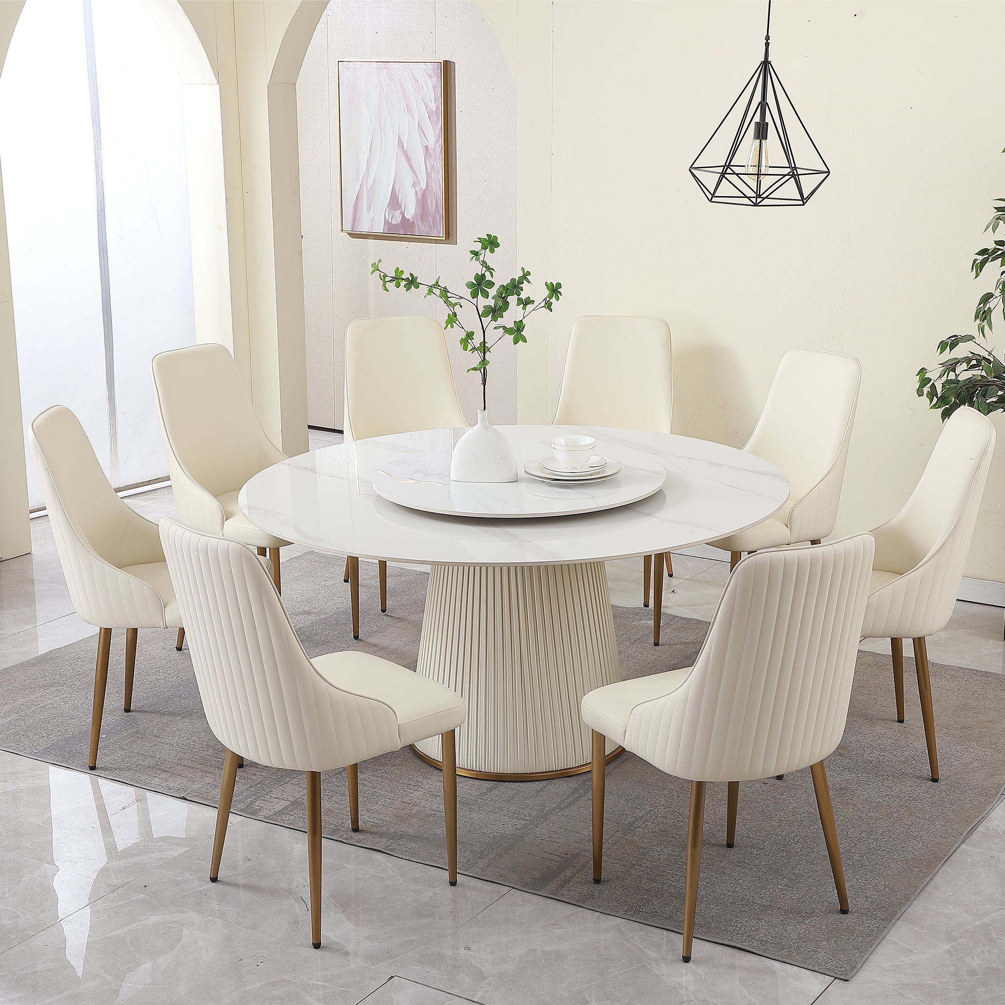 59"Modern Sintered Stone Dining Table With 31.5" Round Turntable With Wood And Metal Exquisite Pedestal With 8 Pcs Chairs . White Seats 8 American Design Round Sintered Stone