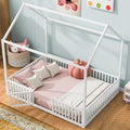 Full Size Metal House Bed With Fence And Door, White White Metal