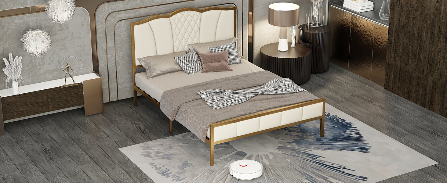 Full Size Bed Frame, Modern Upholstered Bed Frame with beige-velvet
