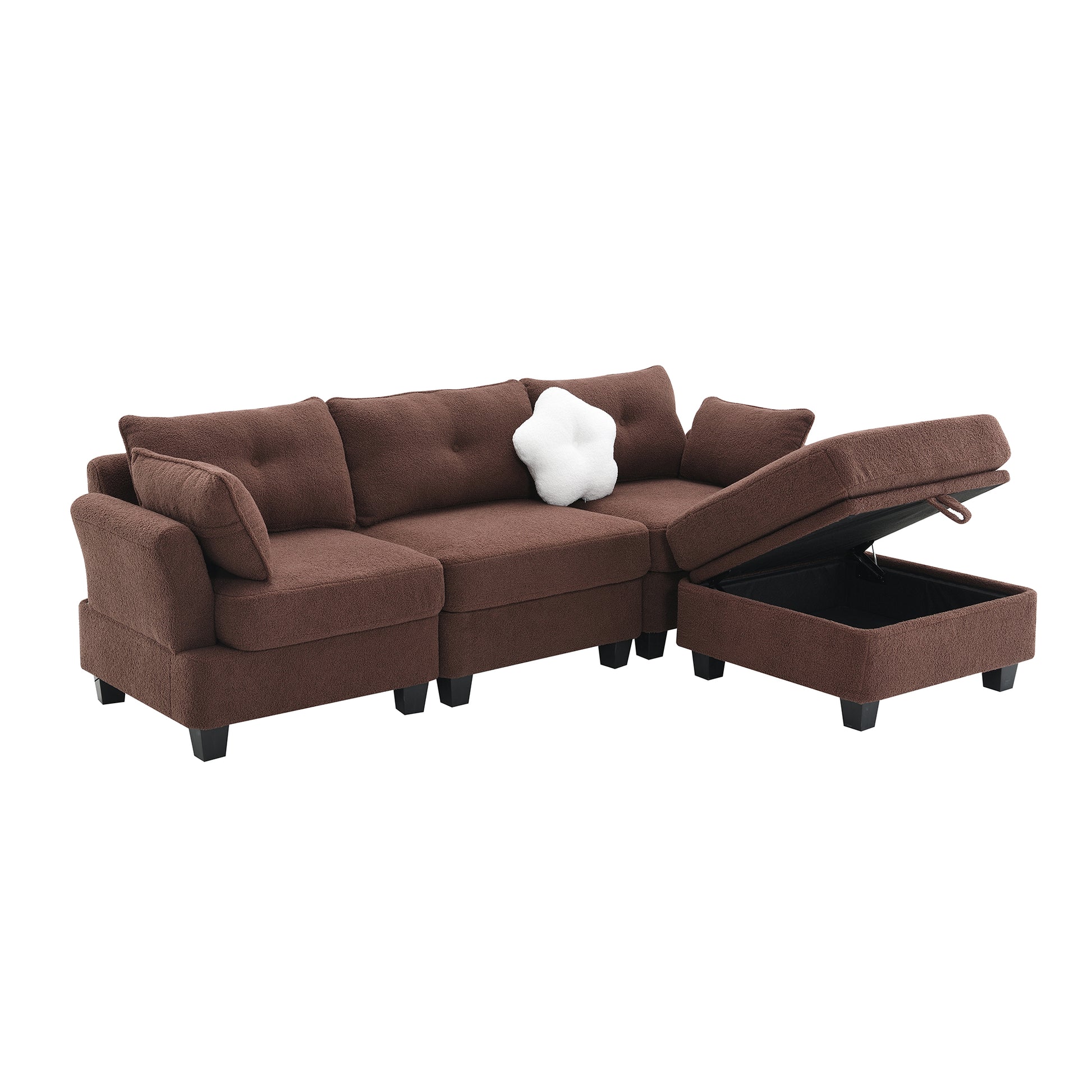 92*63"Modern Teddy Velvet Sectional Sofa,Charging Ports On Each Side,L Shaped Couch With Storage Ottoman,4 Seat Interior Furniture For Living Room, Apartment,3 Colors 3 Pillows Brown Teddy 4 Seat