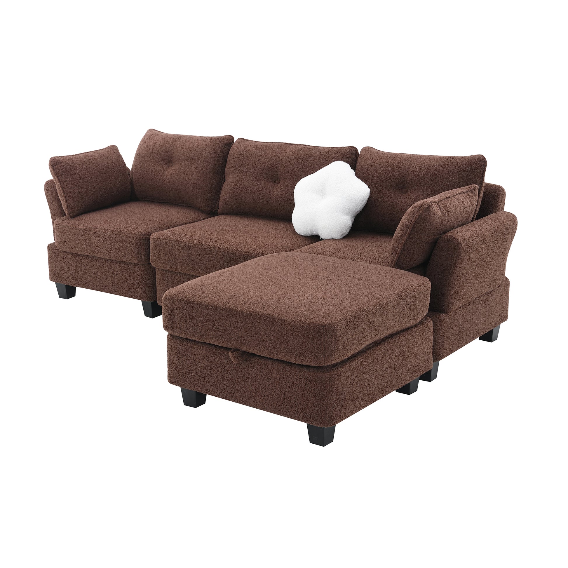 92*63"Modern Teddy Velvet Sectional Sofa,Charging Ports On Each Side,L Shaped Couch With Storage Ottoman,4 Seat Interior Furniture For Living Room, Apartment,3 Colors 3 Pillows Brown Teddy 4 Seat