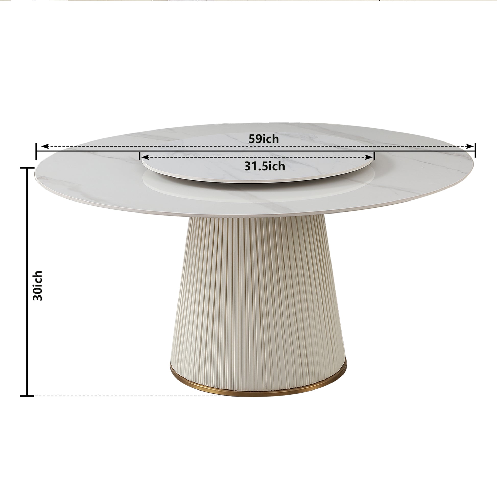 59"Modern Sintered Stone Dining Table With 31.5" Round Turntable For 8 Person With Wood And Metal Exquisite Pedestal White Sintered Stone