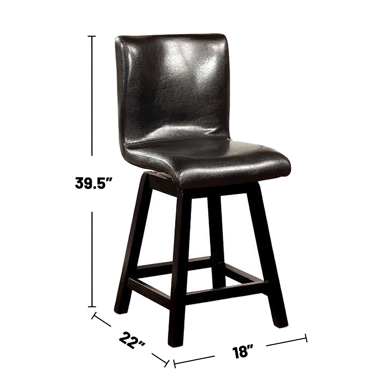 Set Of 2 Swivel Padded Counter Height Chairs In Black Finish Solid Black Dining Room Faux Leather