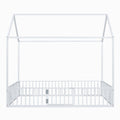 Full Size Metal House Bed With Fence And Door, White White Metal